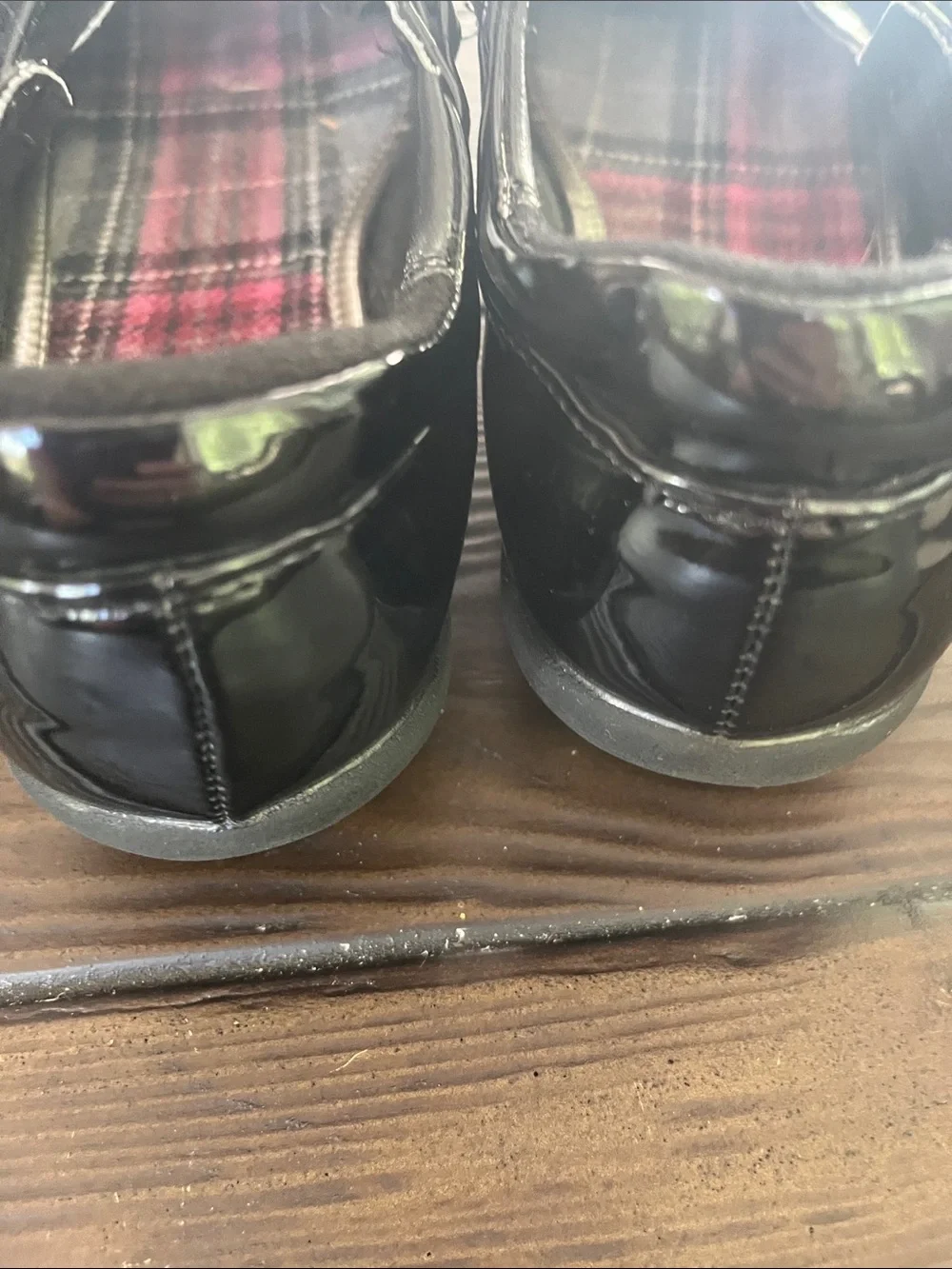 French Toast Black Patent Mary Janes with Plaid Insole